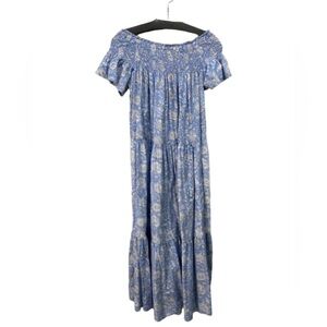 NWOT Marea Size S Blue & White Cotton Floral Off Shoulder Smocked Sleeve Dress